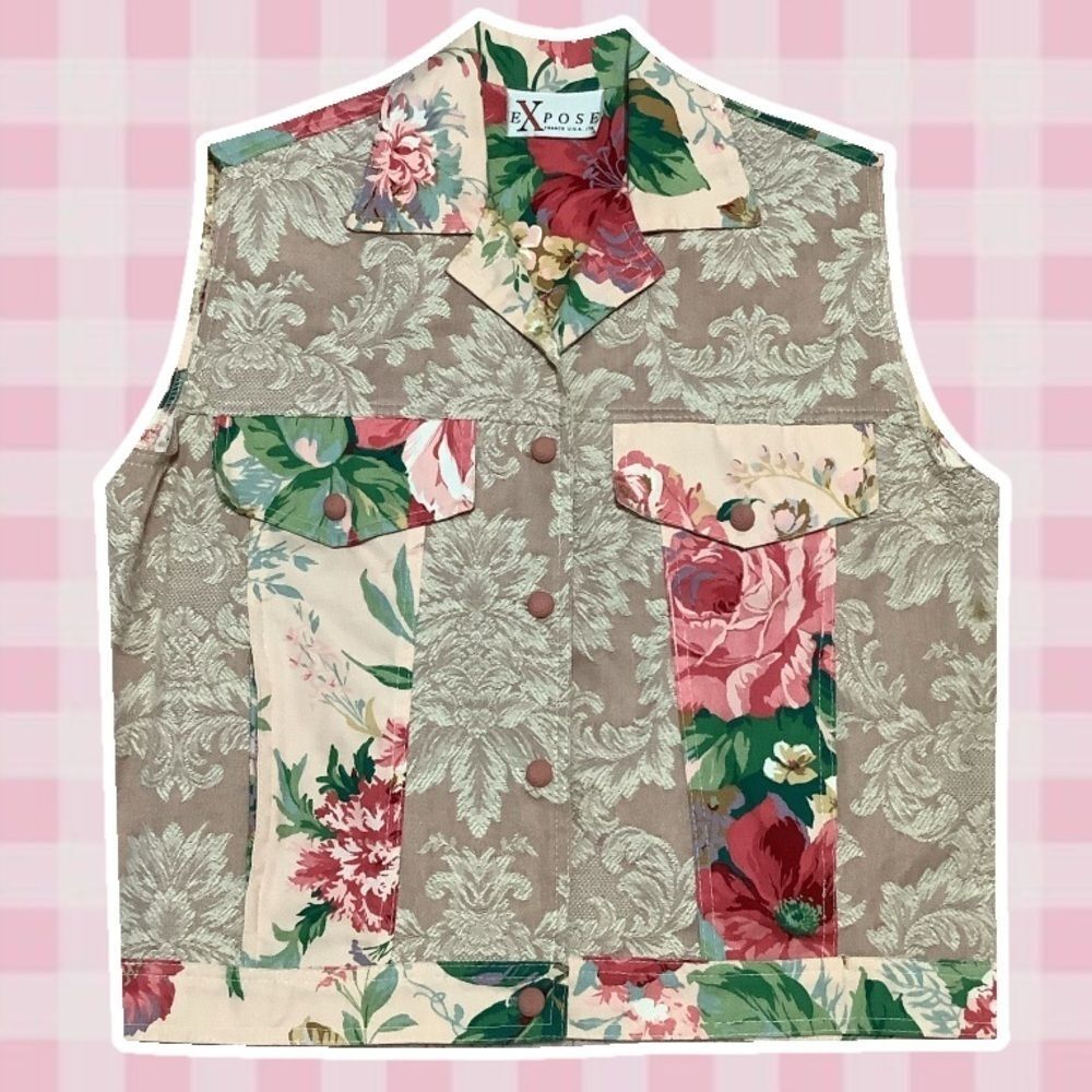 Vintage 90s Pink Floral Artsy Shabby Chic Boho Patchwork Feminine‎ Denim Vest M